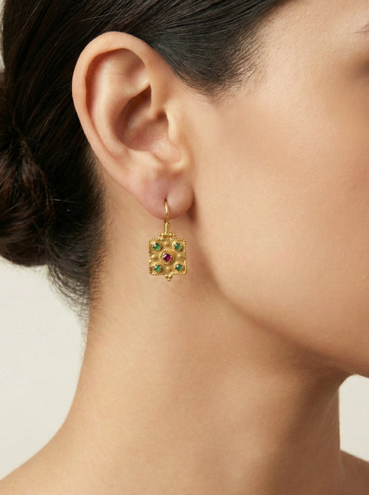 Orecchini Granulati Rubino e Smeraldo