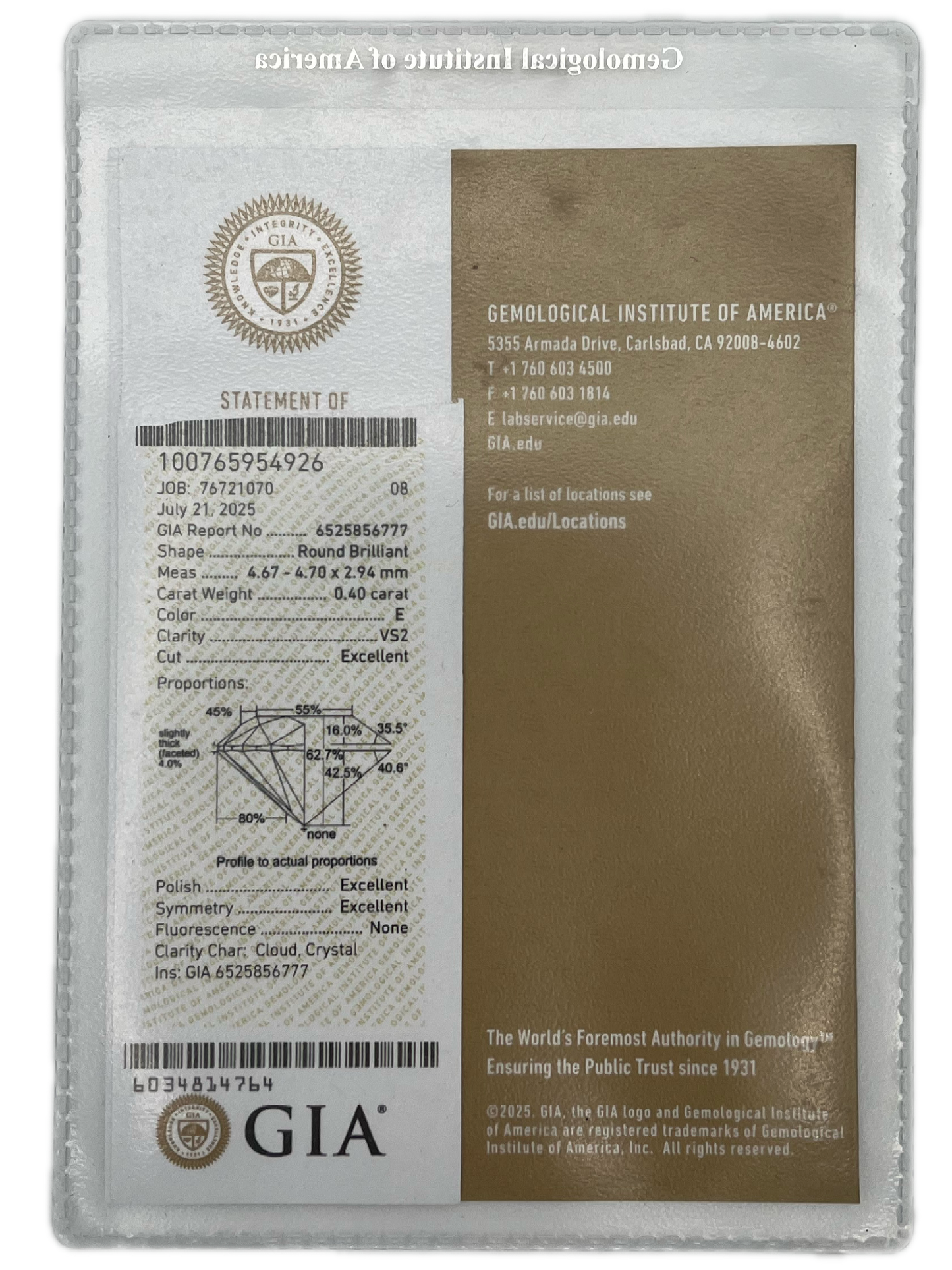 DIAMANTE GIA - 0,40 CT