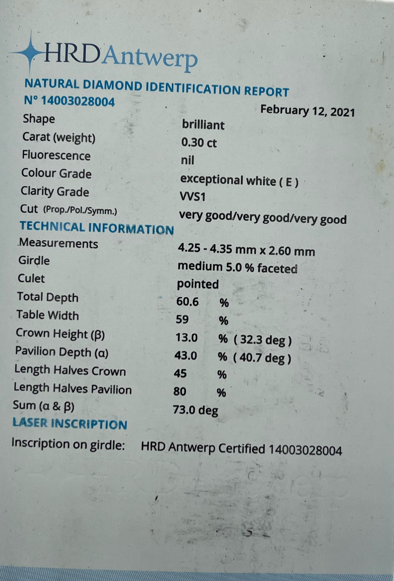 DIAMANTE HRD - 0,30 CT