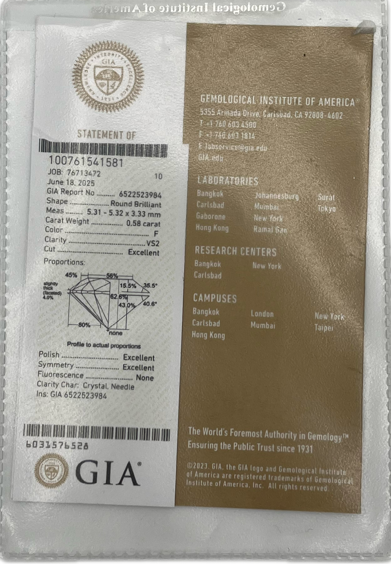 DIAMANTE GIA - 0,58 CT